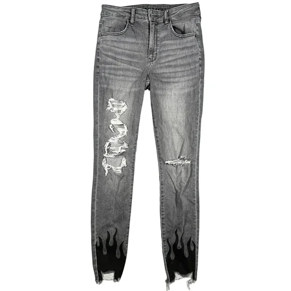 American Eagle Super Hi Rise Jegging Women's 8 Long Distressed Flame Hem Pockets - Picture 2 of 16